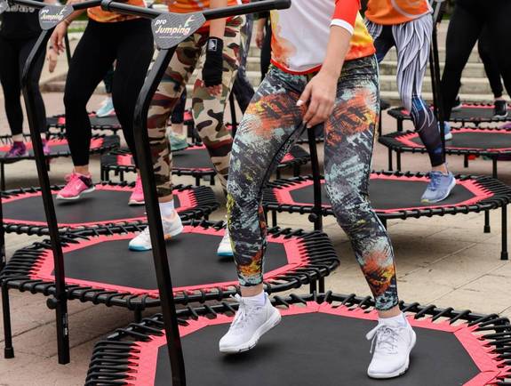 Trampoline training on the street. Orenburg, Russia, 02.08.19. sports performances, jumps. Outdoor fitness training. image-4595